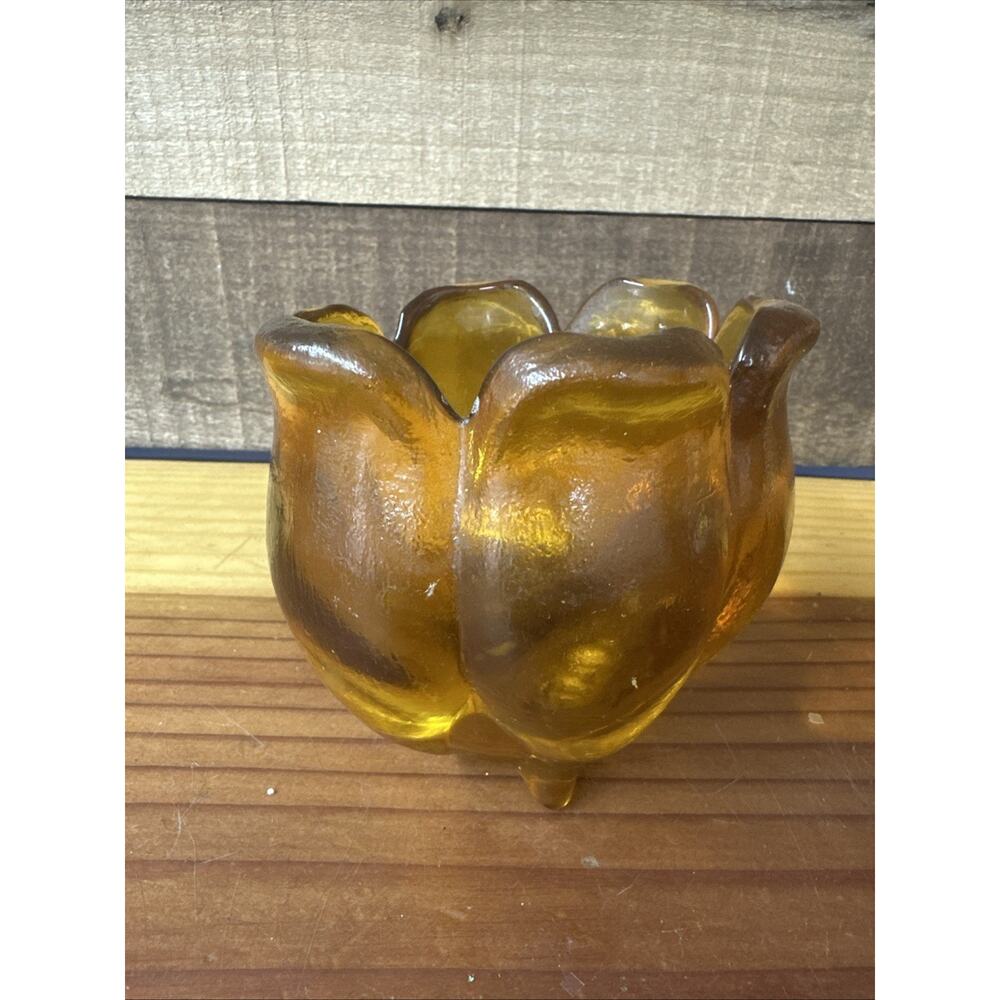 VINTAGE Amber Heavy Glass Tulip Lotus Flower Vase Bowl Candle Holder